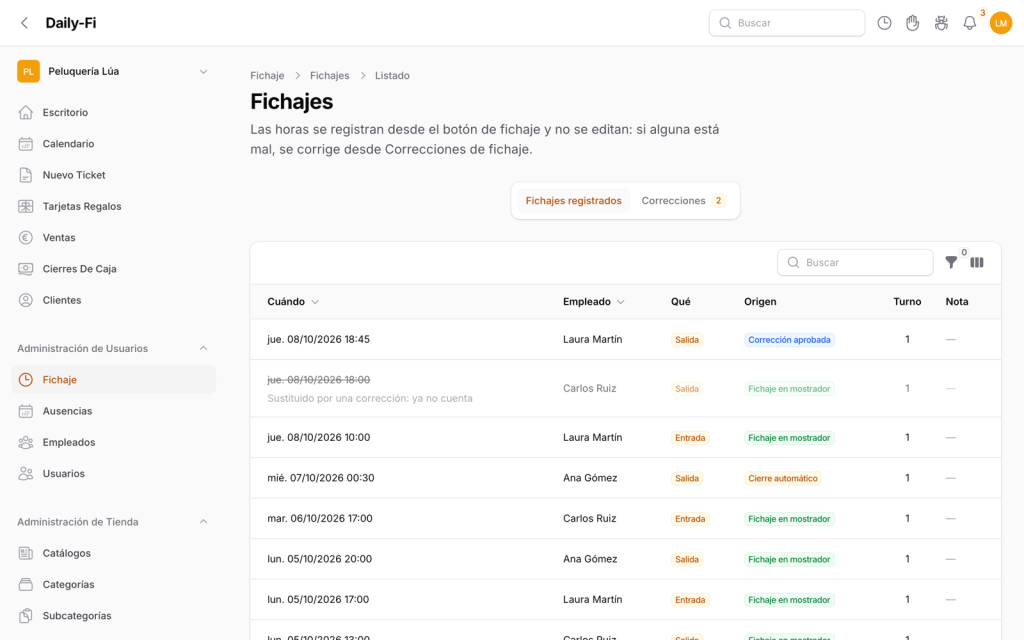 Registro de fichajes del equipo en Daily-Fi.