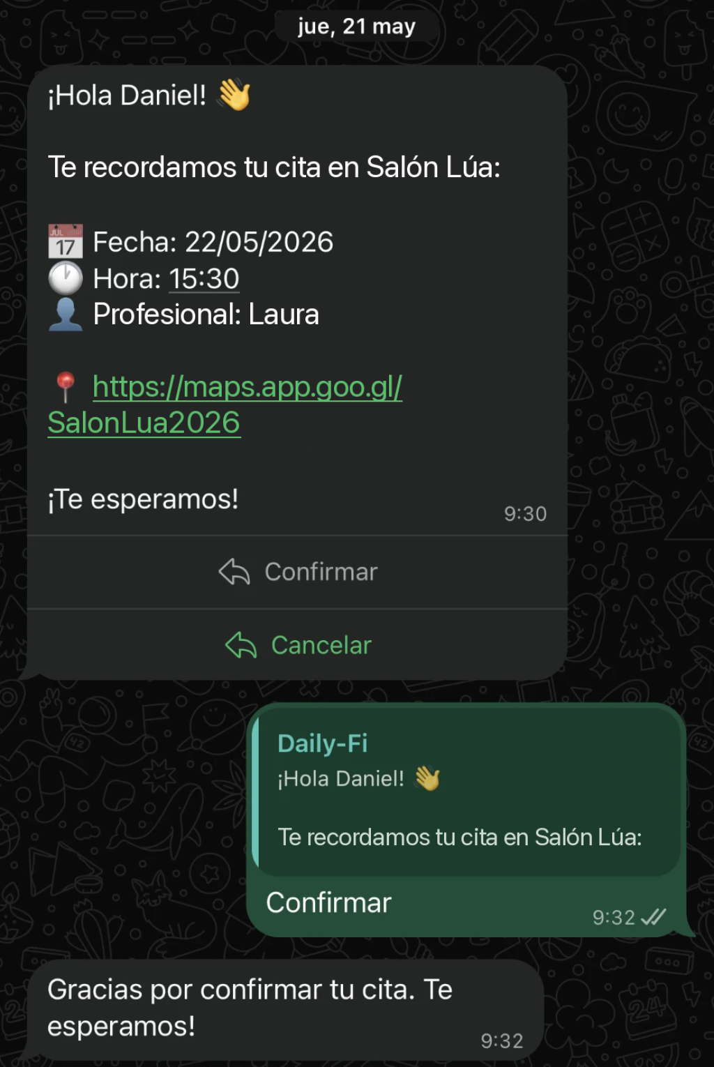Recordatorio de cita por WhatsApp enviado por Daily-Fi con botones para confirmar o cancelar.